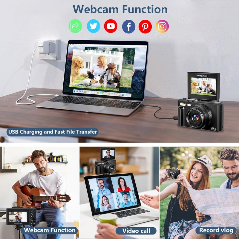 Gavonde كاميرا رقمية للتصوير، كاميرا فلوغينغ بدقة 4K لليوتيوب بشاشة قابلة للطي 3 بوصات بزاوية 180° وزوم رقمي 18X وكاميرات مدمجة بتصميم كلاسيكي مع بطاقة TF سعة 32GB و2 بطاريات، باللون الأسود - Image 4